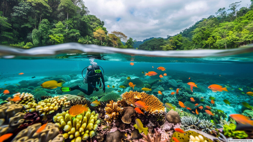 A scuba diver exploring the vibrant coral formations and schools of tropical fish at the Hol Chan Marine Reserve on the Belize Barrier Reef.