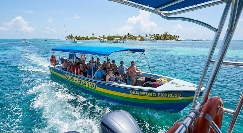 Travelers boarding a water taxi in the clear blue Caribbean waters of Belize.