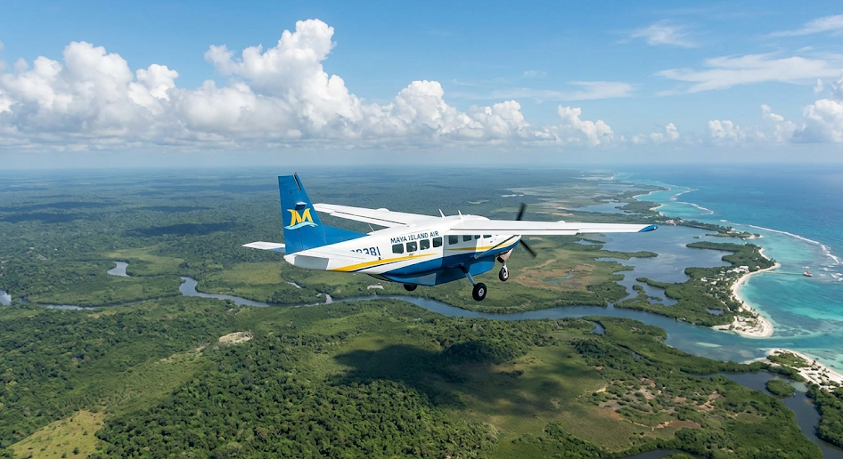 A Tropic Air "puddle jumper" flight soaring over the turquoise waters and coral cayes of the Belize Barrier Reef toward Placencia.