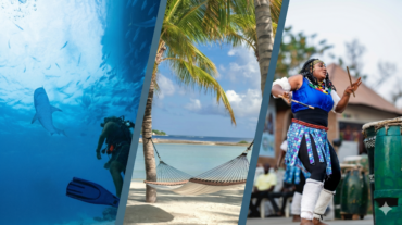 Scuba diver swimming alongside a whale shark in Belize’s barrier reef, a hammock on a palm-lined Caribbean beach, and a traditional Garifuna drummer performing—highlighting top experiences in Belize travel.