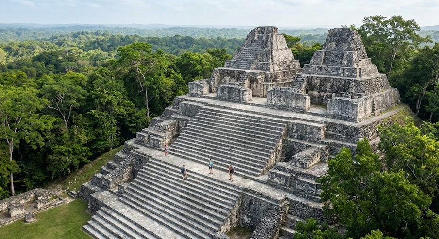 The ancient limestone Maya temple "Caana" (Sky Palace) at the Caracol archaeological site in Belize, surrounded by dense jungle under a bright sky.