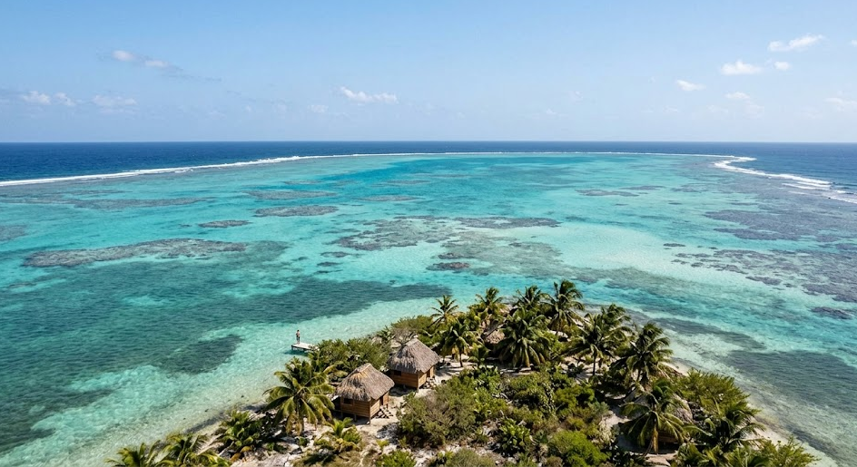 Aerial view of the remote Glover's Reef Atoll in Belize, showing a small palm-covered cay surrounded by complex, shallow turquoise patch reefs and the deep indigo ocean on the horizon.