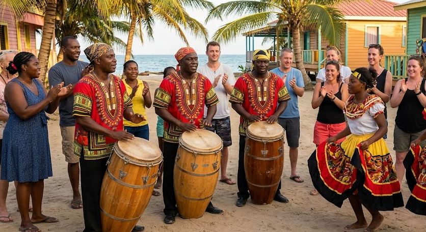 Three Garifuna drummers in red and yellow traditional shirts play large wooden drums during a vibrant outdoor community celebration in Hopkins, Belize.