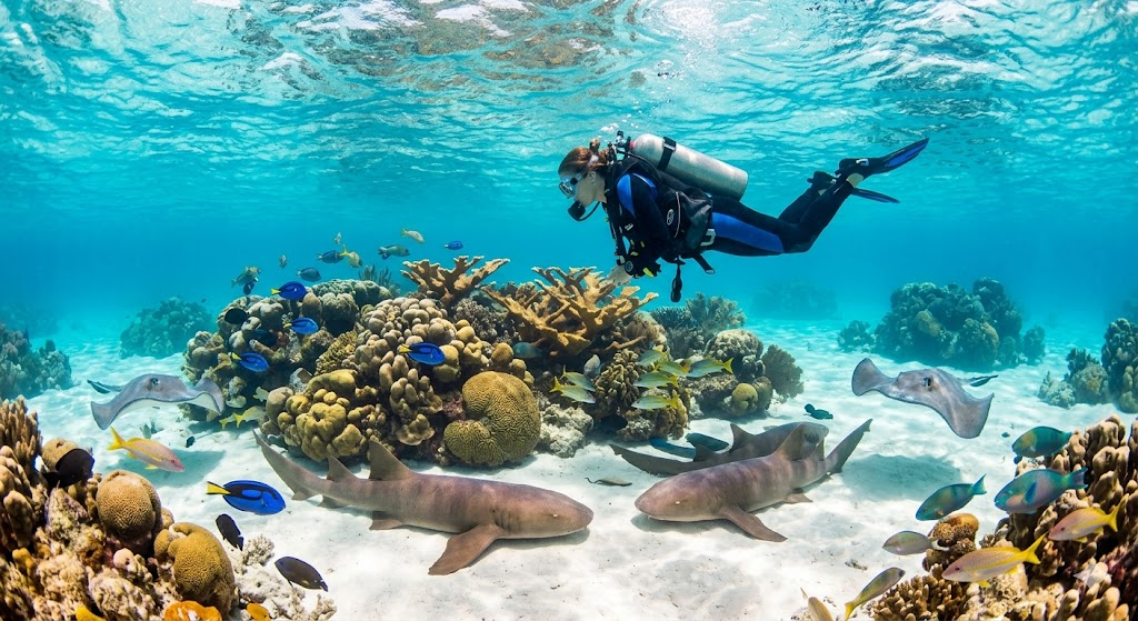A scuba diver exploring the vibrant coral formations of the Belize Barrier Reef, surrounded by nurse sharks and schools of tropical fish.