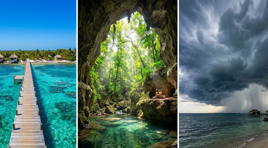A three-panel collage showcasing different weather seasons in Belize, featuring a sunny beach pier over clear turquoise water, a lush green jungle cave entrance, and a dramatic storm cloud pouring rain over the ocean.